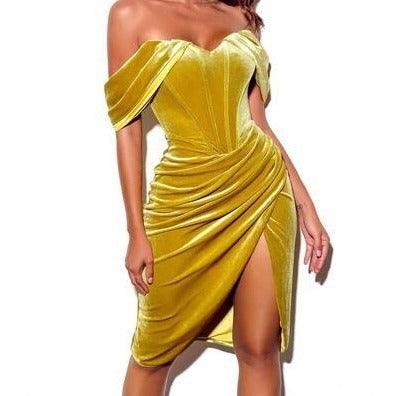 Velvet Off Shoulder Ruched Split Bodycon Midi Dress