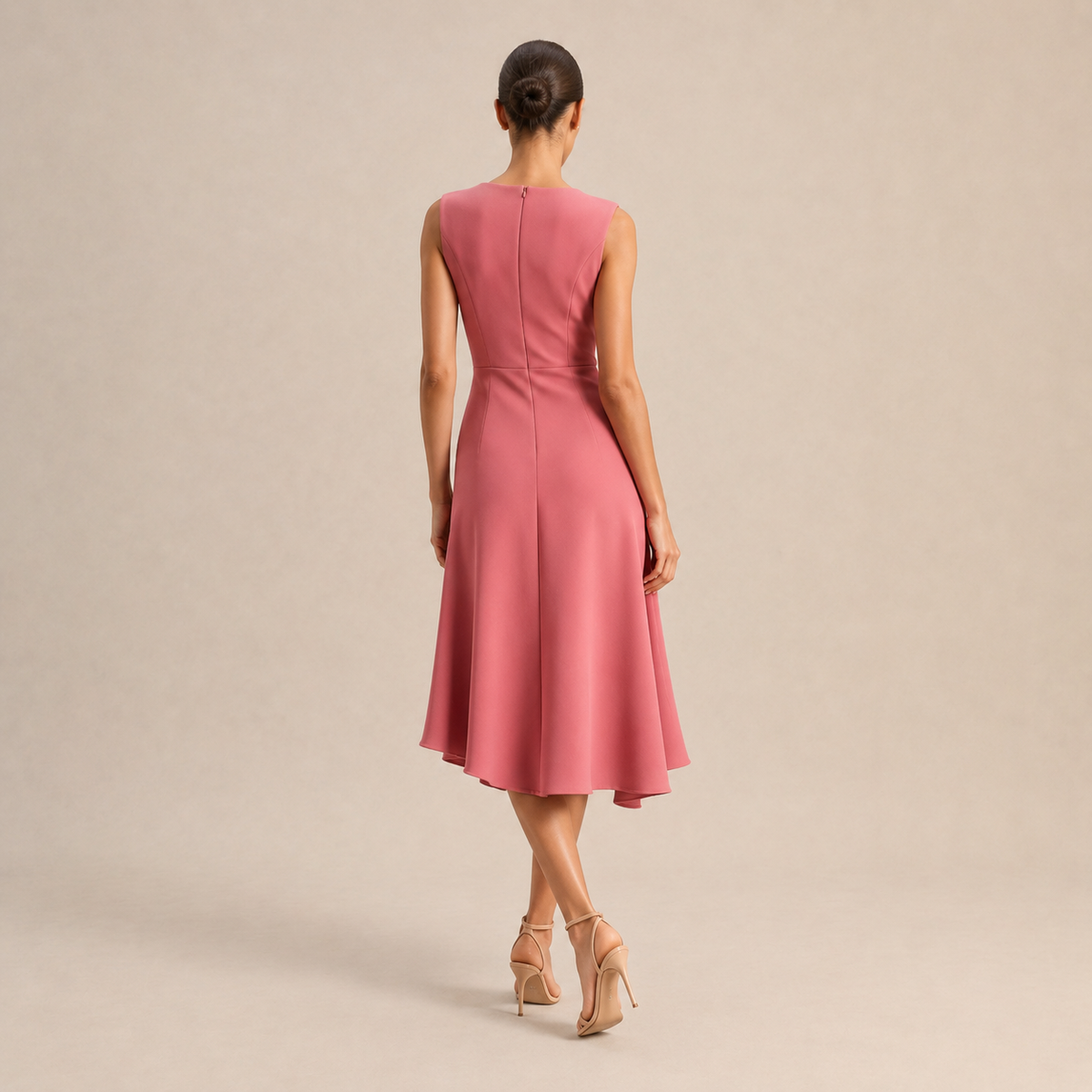 Boat Neck Sleeveless Ruched Ruffle High Low Midi Dress 9