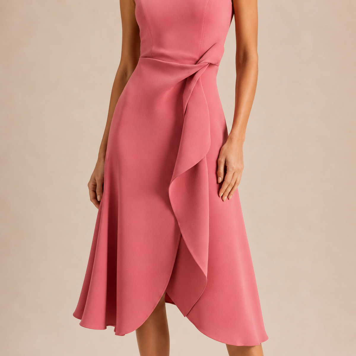 Boat Neck Sleeveless Ruched Ruffle High Low Midi Dress 8