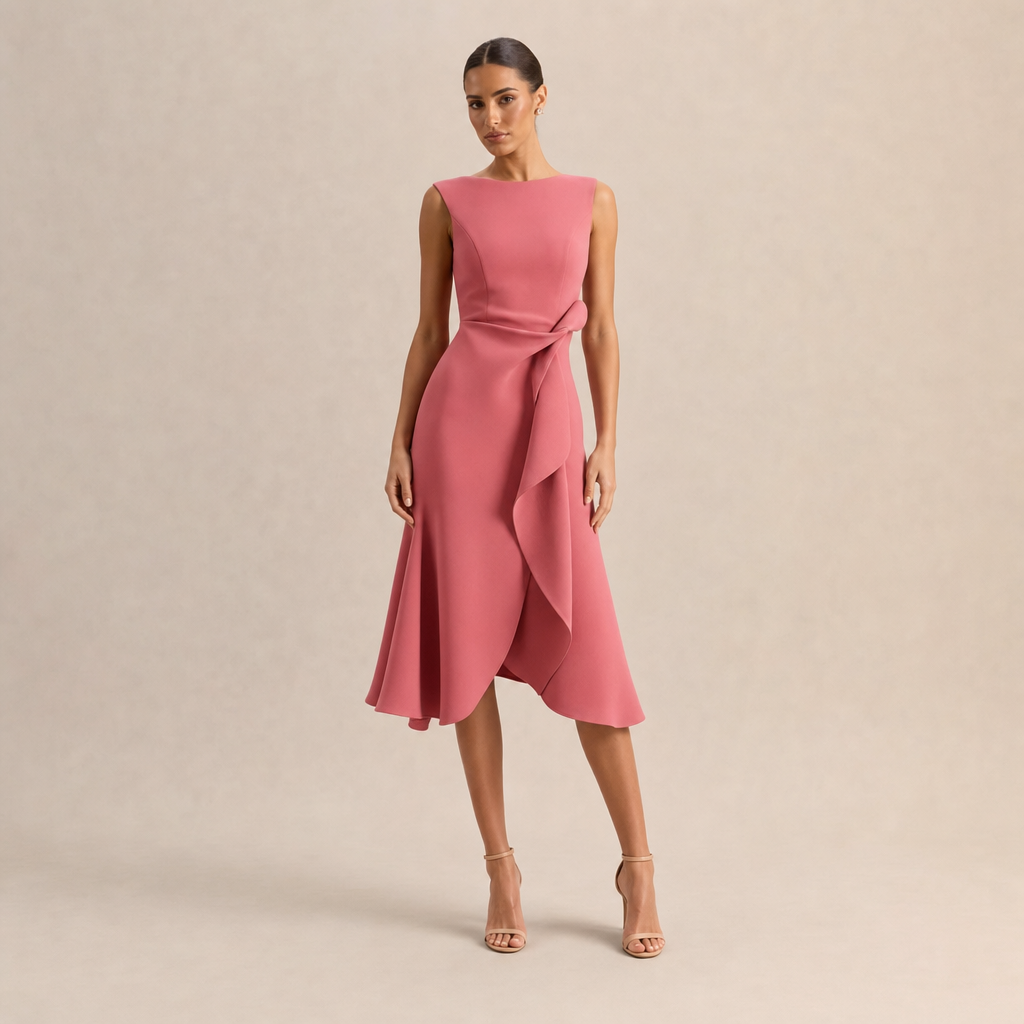 Boat Neck Sleeveless Ruched Ruffle High Low Midi Dress 7