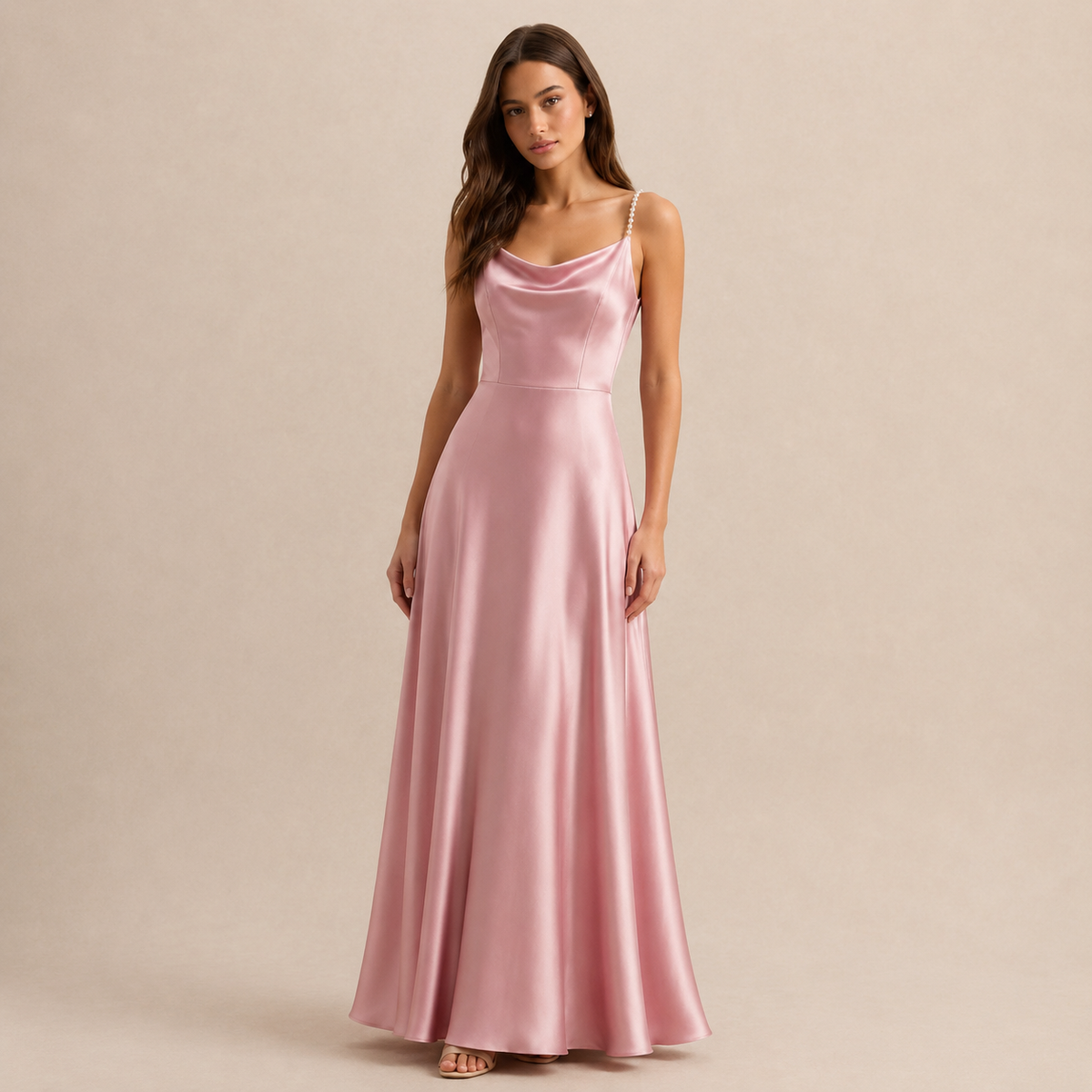 Cowl Neck Pearl Strap Satin Maxi Dress 13