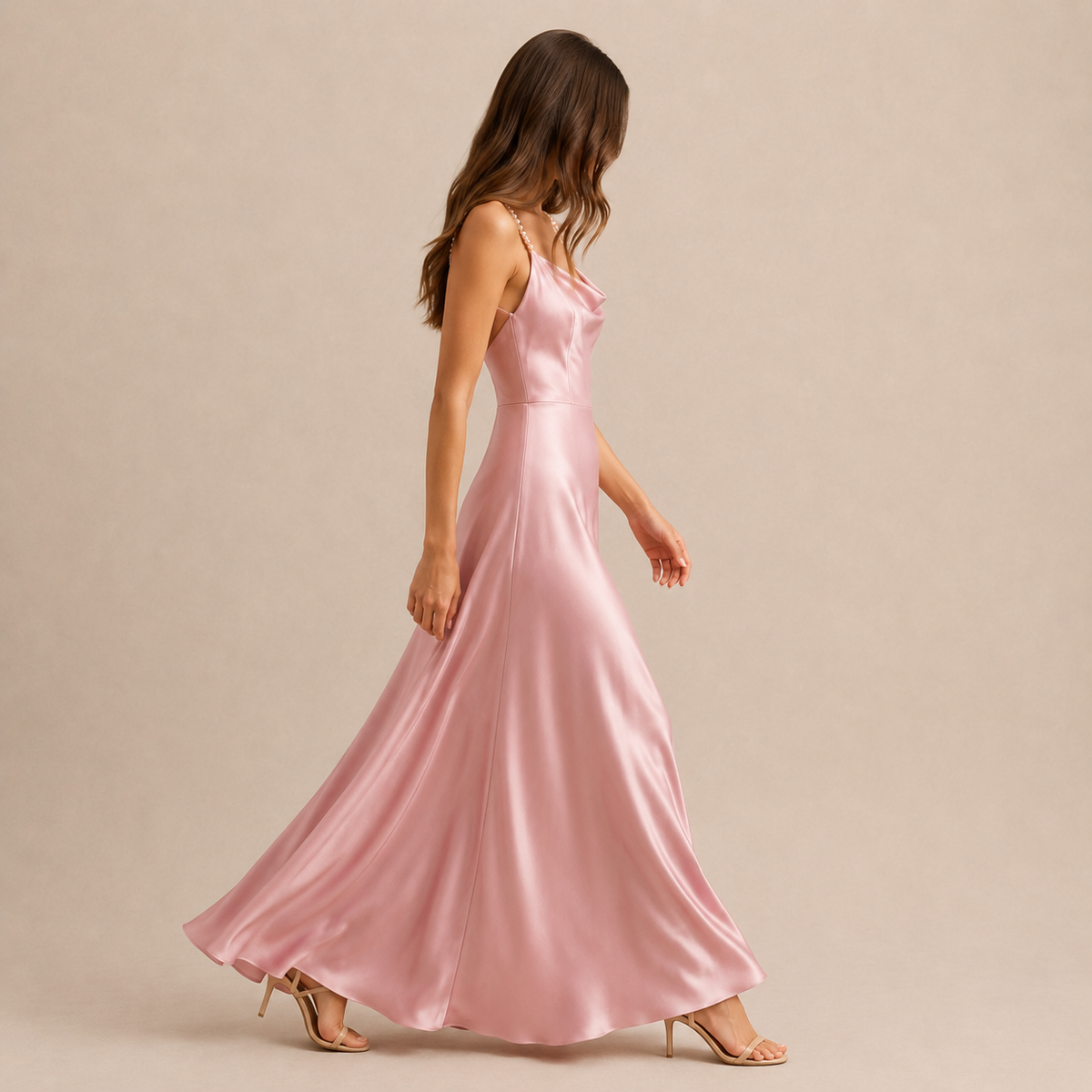 Cowl Neck Pearl Strap Satin Maxi Dress 16