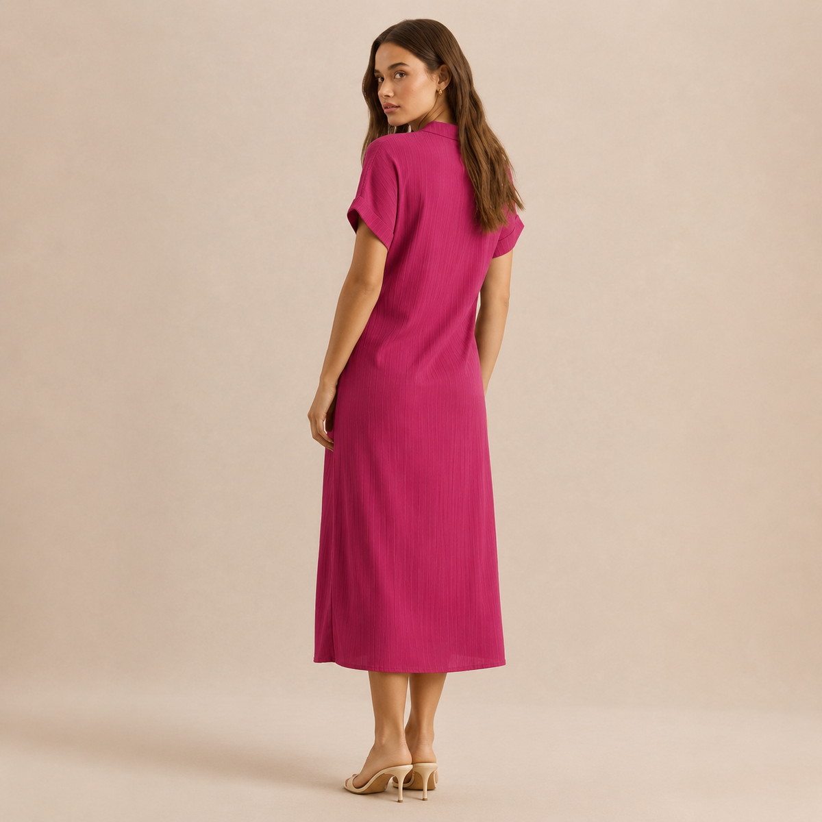 V-Neck Short Sleeve Button Front Ribbed Midi Shift Dress 18