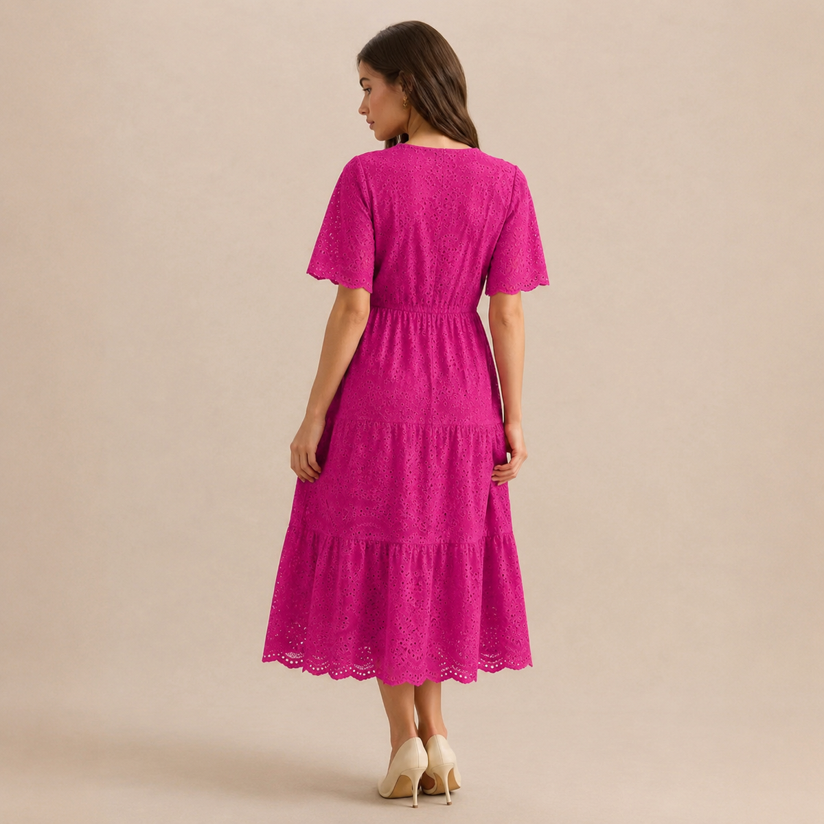 Round Neck Puff Sleeve Eyelet Tiered Midi Dress 9