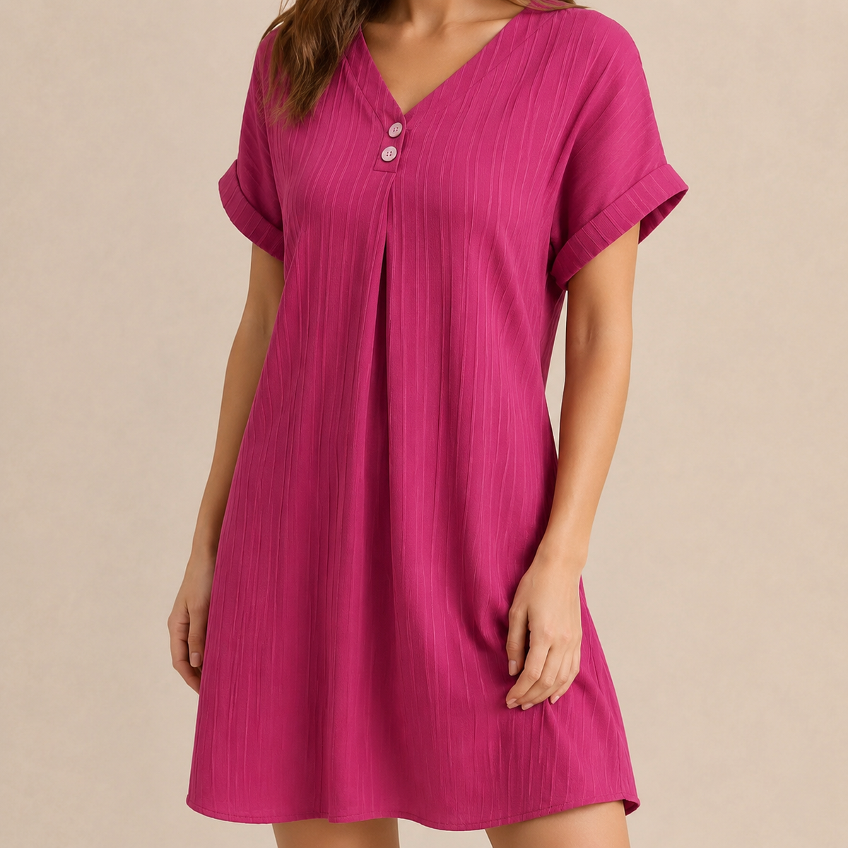 V-Neck Short Sleeve Button Front Ribbed Midi Shift Dress 17