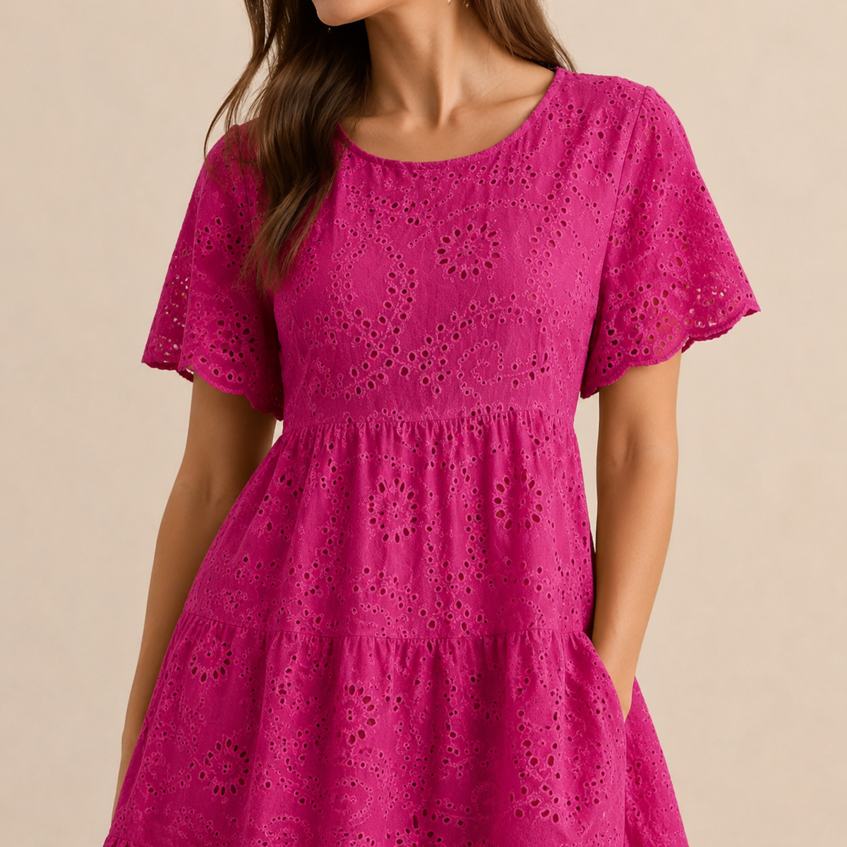 Round Neck Puff Sleeve Eyelet Tiered Midi Dress 8