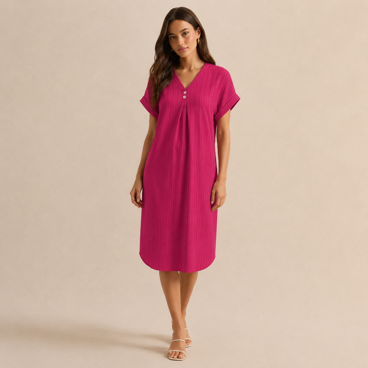 V-Neck Short Sleeve Button Front Ribbed Midi Shift Dress 16
