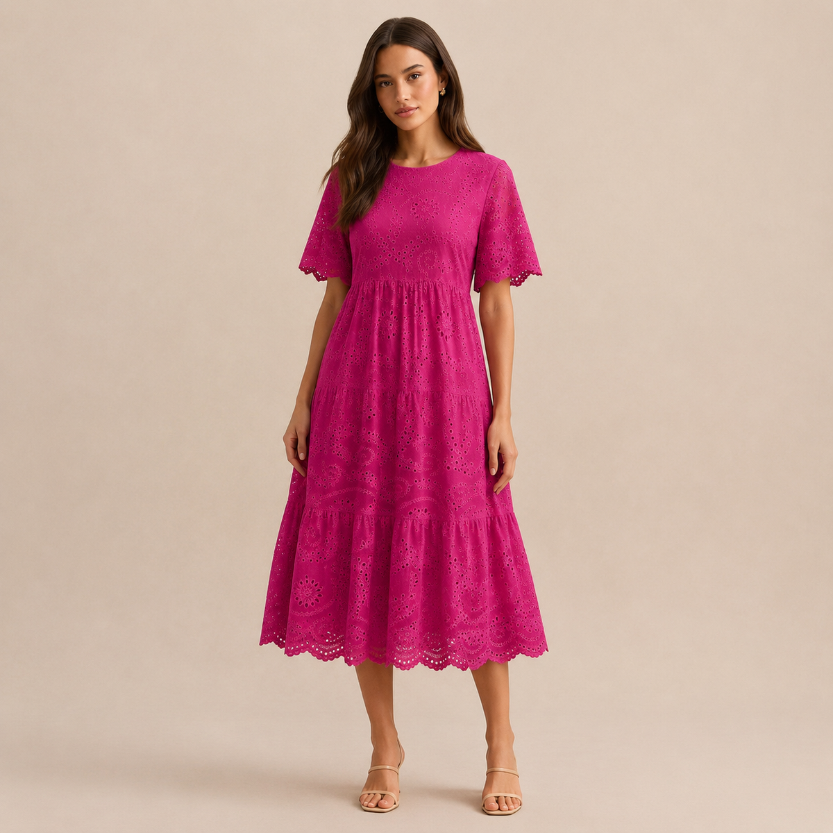 Round Neck Puff Sleeve Eyelet Tiered Midi Dress 7