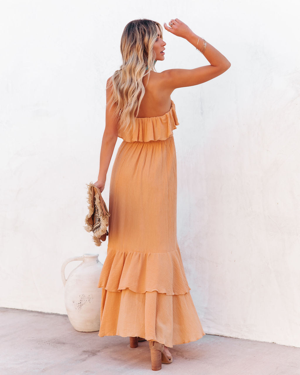 Strapless Ruffle Tiered High-Low Maxi Dress