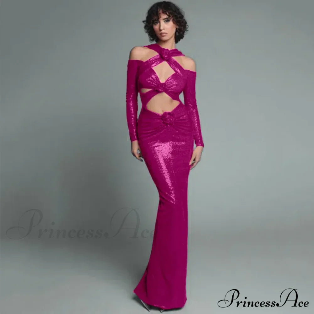 Rosered Long Sleeve Sequins Party Dress Fuchsia / Xs Partydress-241208
