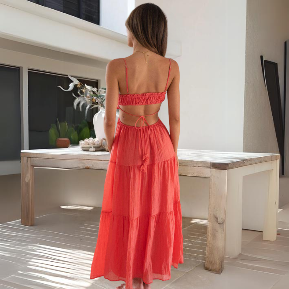 Spaghetti Strap Tie Back Tiered Chiffon Maxi Summer Dress