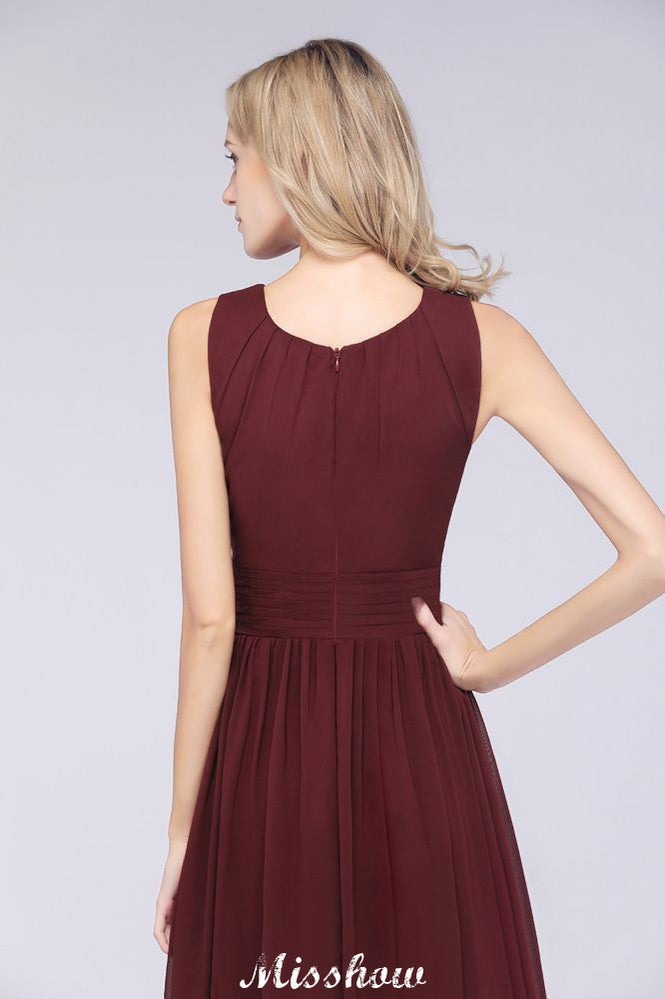 Round-Neck Floor-Length Ruffles Chiffon Bridesmaid Dress Aline Sleeveless Maid of Honor Dress