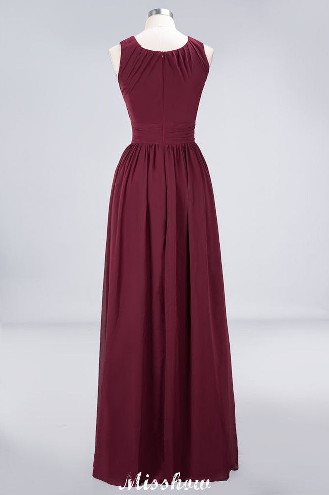 Round-Neck Floor-Length Ruffles Chiffon Bridesmaid Dress Aline Sleeveless Maid of Honor Dress