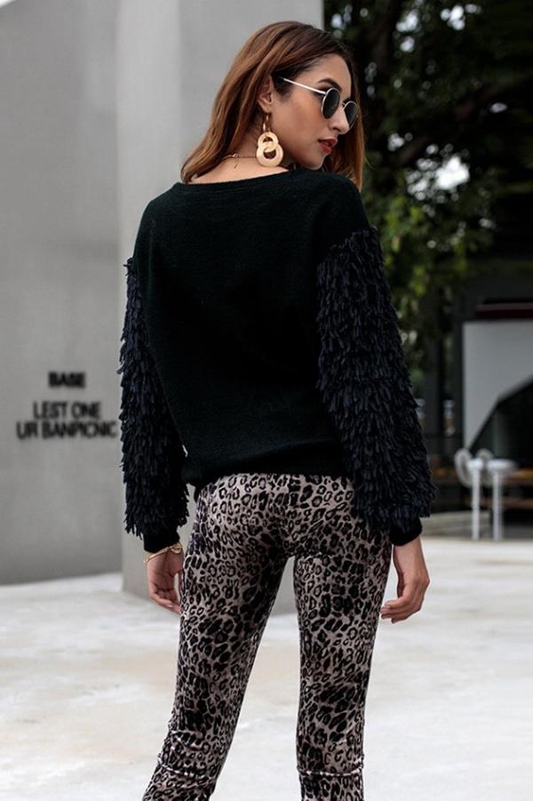 RadyRin Round Neck Sweater with Elegant Tassel Sleeves