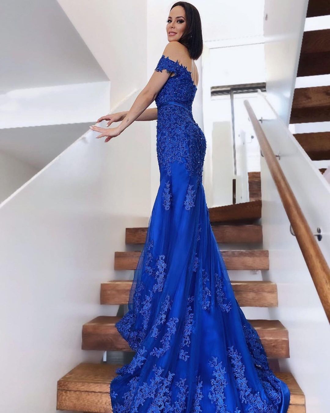 Royal Blue Lace Mermaid Prom Dress Long Off-the-Shoulder - Fashionpara