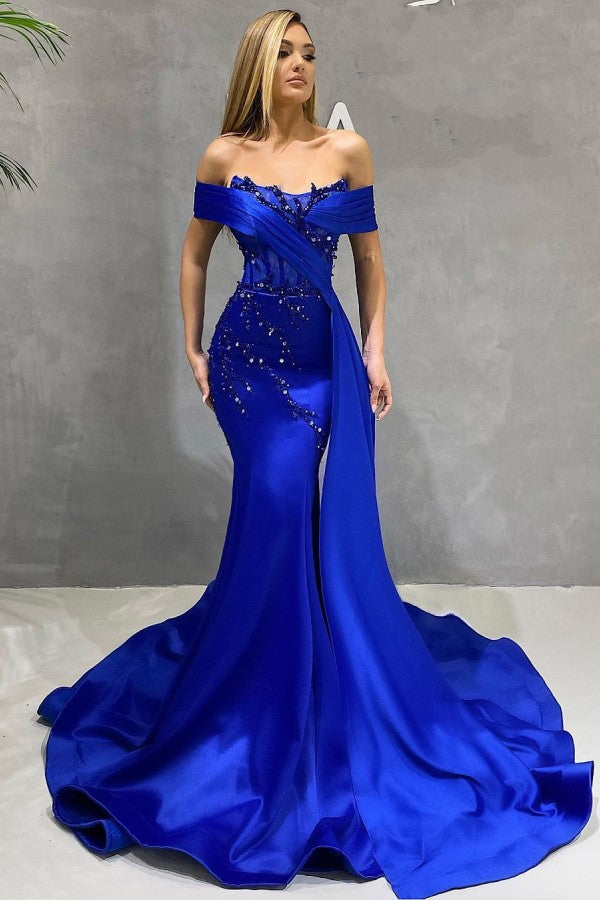 Royal Blue Off-the-Shoulder Prom Dress Mermaid With Beads Ruffles - Fashionpara