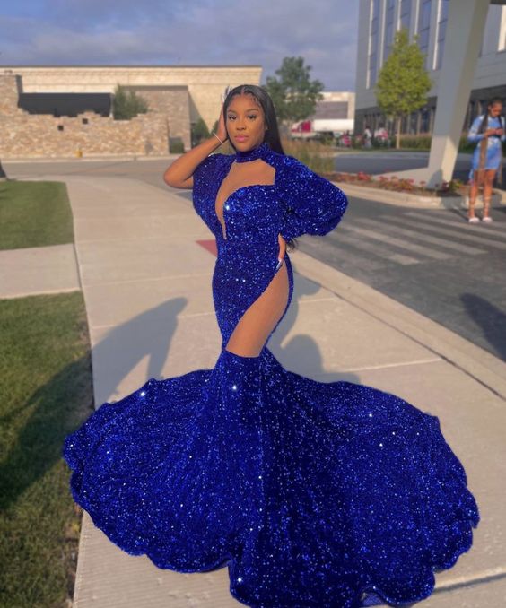 Royal Blue Sequins Prom Dress Mermaid Long Sleeves - Fashionpara