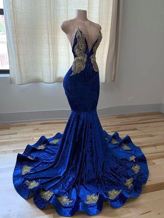 Royal Blue Sleeveless Prom Dress Mermaid With Appliques - Fashionpara
