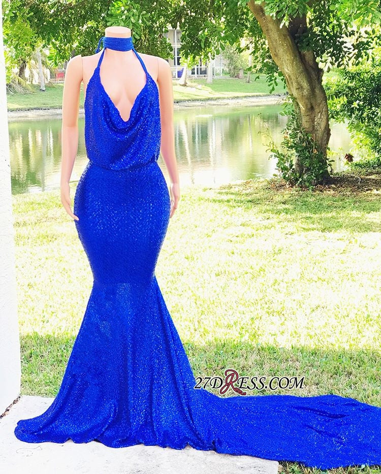 Royal Blue V-Neck Mermaid Prom Dress Sequins Sleeveless Evening Gown - Fashionpara