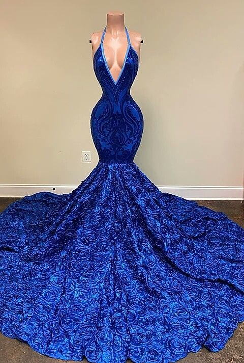 Royal Blue V-Neck Prom Dress Mermaid Sleeveless With Sequins - Fashionpara