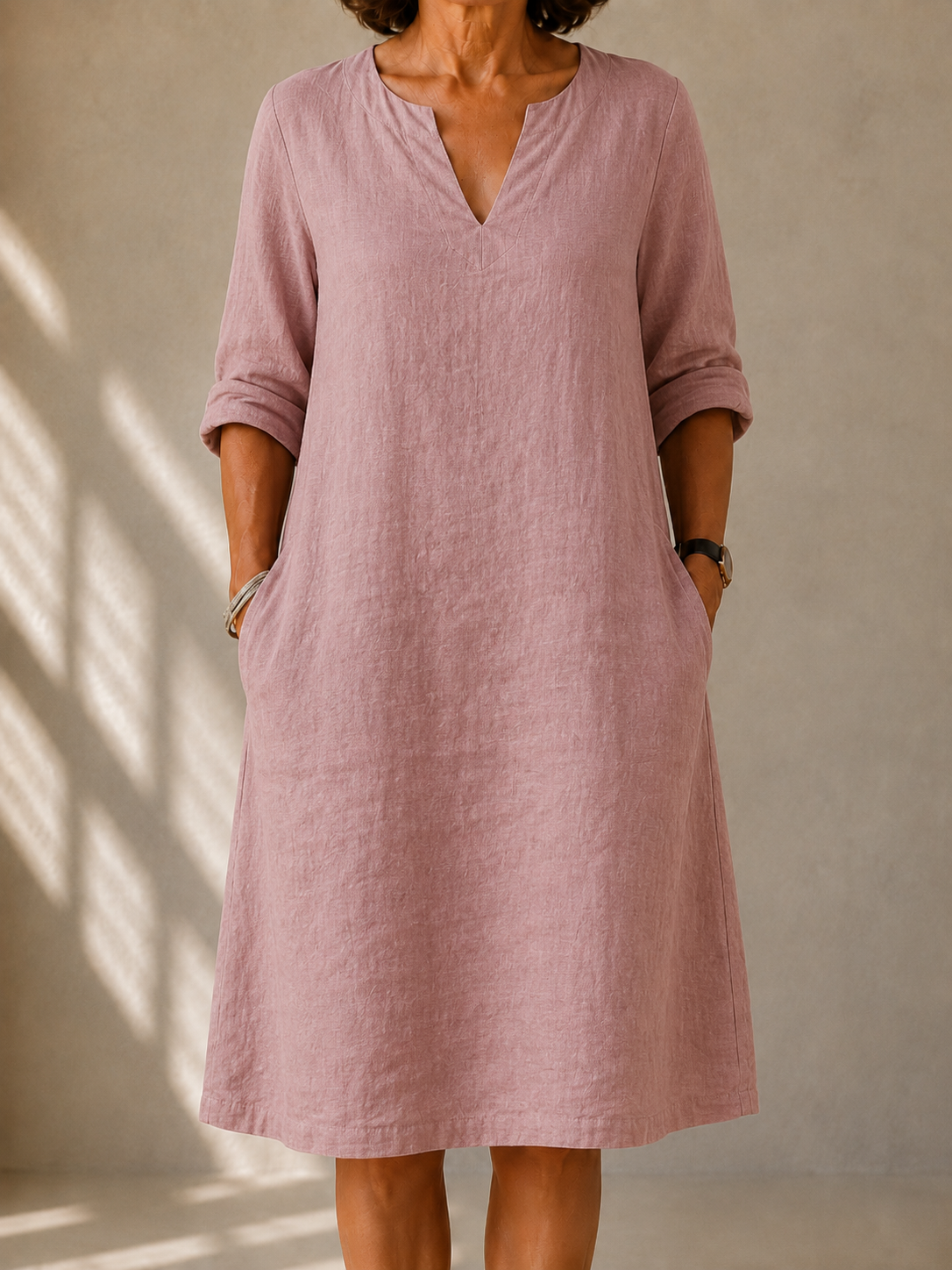 Split Neck Long Sleeve Linen Look Shift Midi Dress