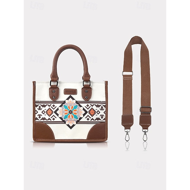 Ethnic Set Faux Handbag and with Leather Canvas