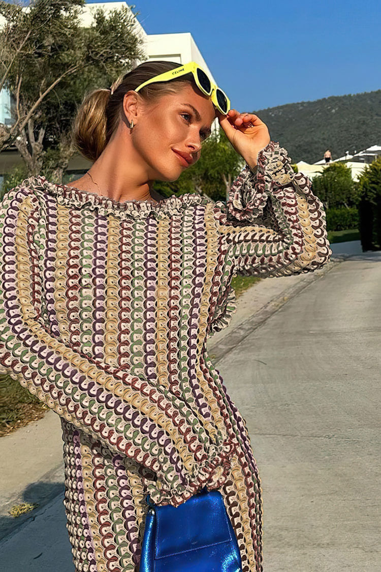 Ruffle Backless Long Sleeve Wavy Striped Crochet Beach Vacation Maxi Dress - Brown  Fashionpara