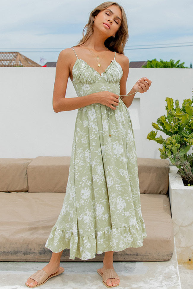 Ruffle Deep V Floral Print Slip Midi Dress - Light Green - Fashionpara