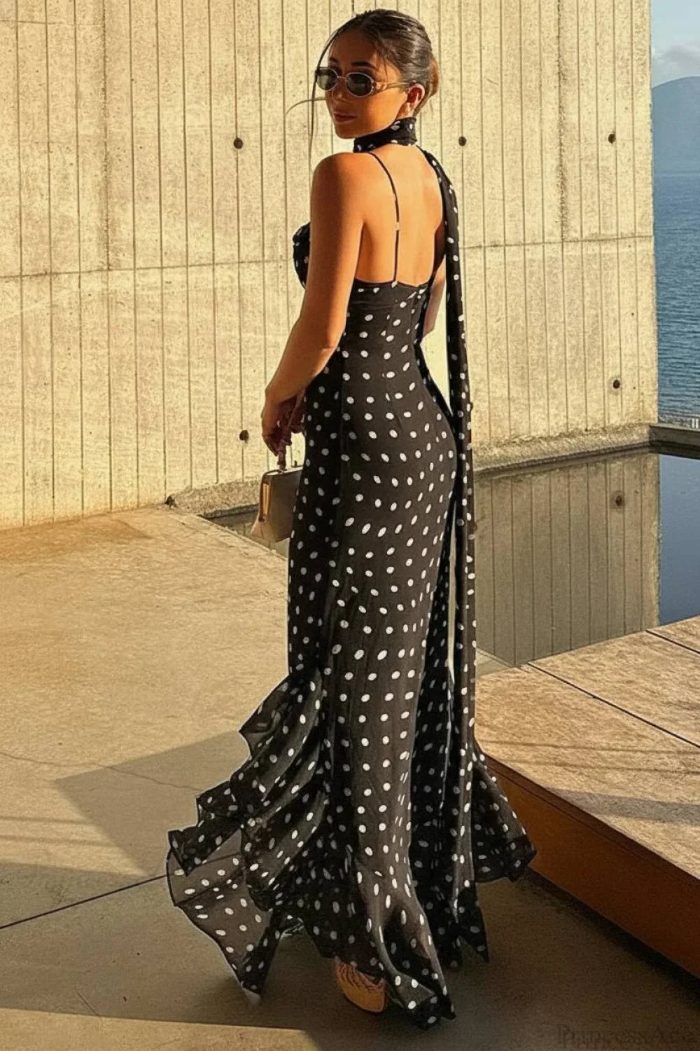 Polka Dot Scarf Neck Open Back Maxi Dress 3