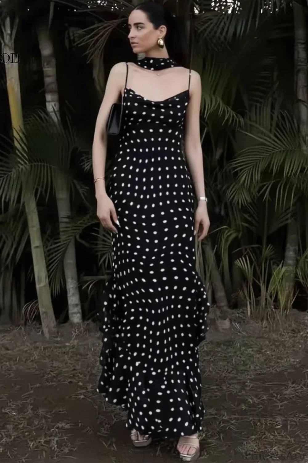 Polka Dot Scarf Neck Open Back Maxi Dress 2