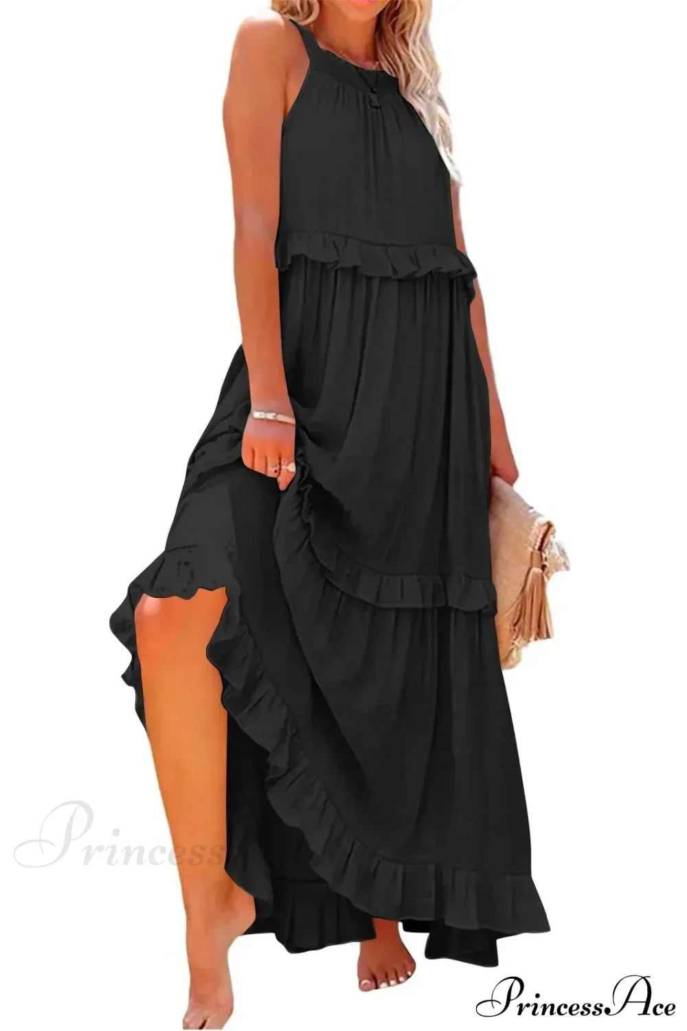 Ruffles Sexy Split Halter Sleeveless Big Hem Maxi Boho Dress black lining / S bohodress-250126