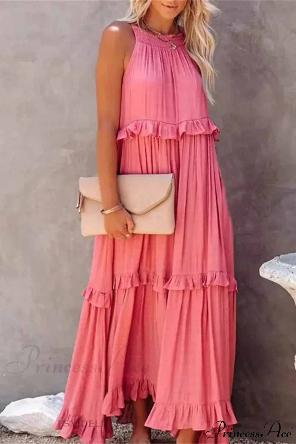 Ruffles Sexy Split Halter Sleeveless Big Hem Maxi Boho Dress