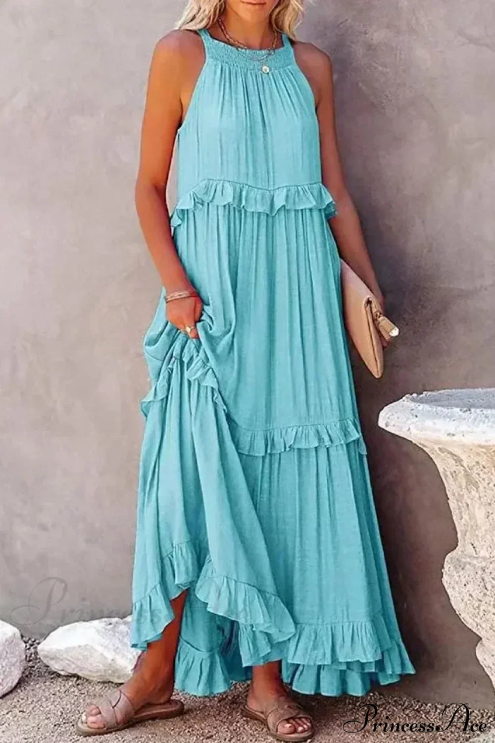 Ruffles Sexy Split Halter Sleeveless Big Hem Maxi Boho Dress