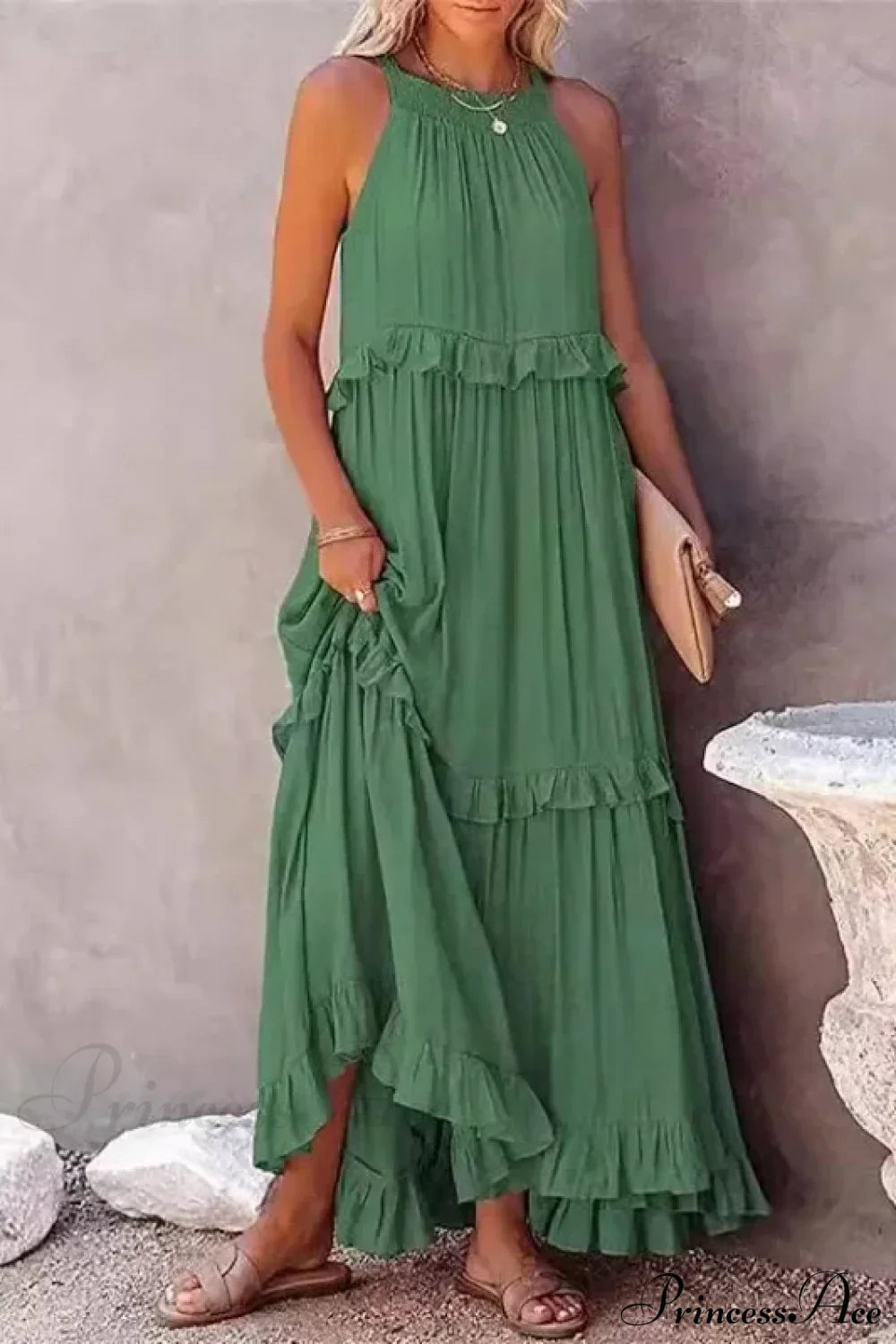 Ruffles Sexy Split Halter Sleeveless Big Hem Maxi Boho Dress