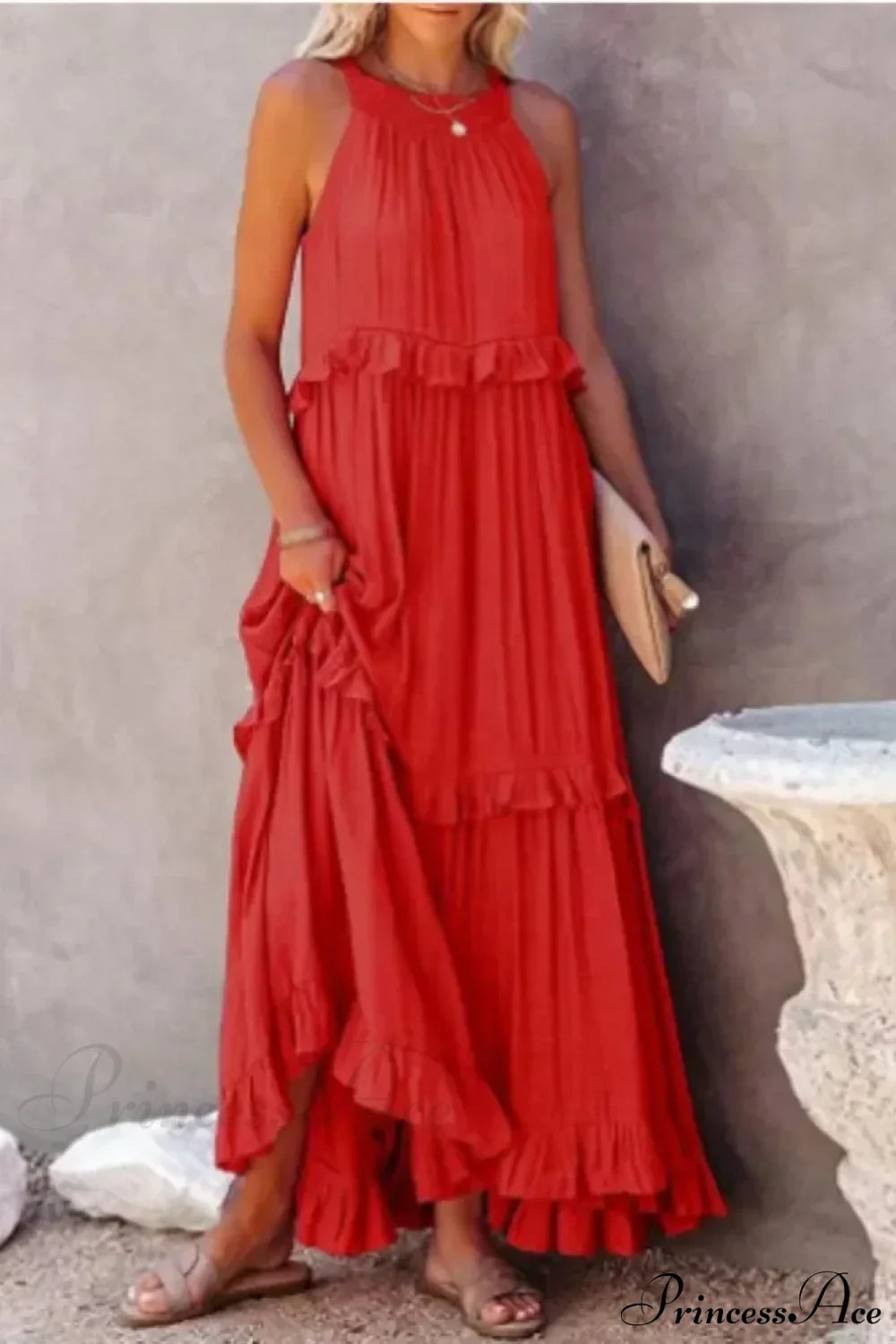 Ruffles Sexy Split Halter Sleeveless Big Hem Maxi Boho Dress