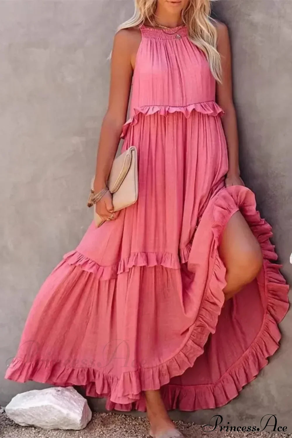Ruffles Sexy Split Halter Sleeveless Big Hem Maxi Boho Dress