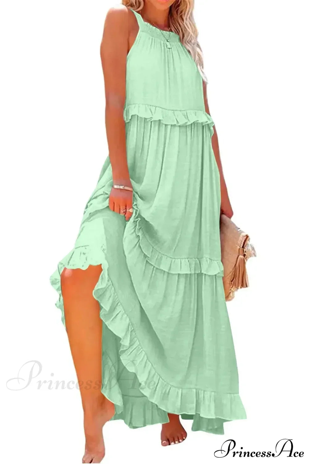 Ruffles Sexy Split Halter Sleeveless Big Hem Maxi Boho Dress green lining / S bohodress-250126