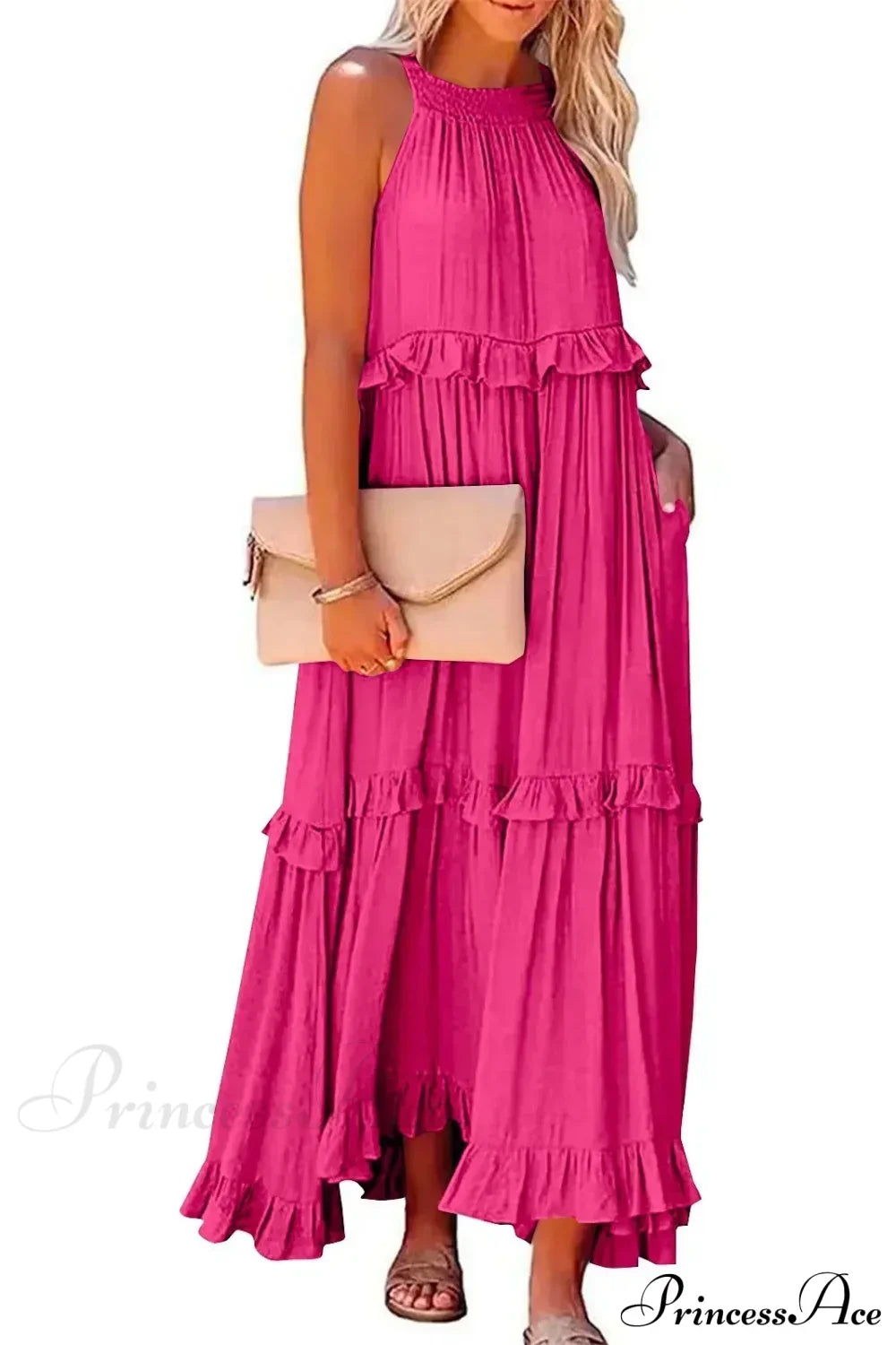Ruffles Sexy Split Halter Sleeveless Big Hem Maxi Boho Dress Red lining / S bohodress-250126
