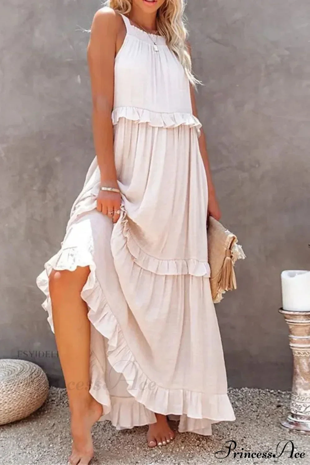 Ruffles Sexy Split Halter Sleeveless Big Hem Maxi Boho Dress White / S bohodress-250126
