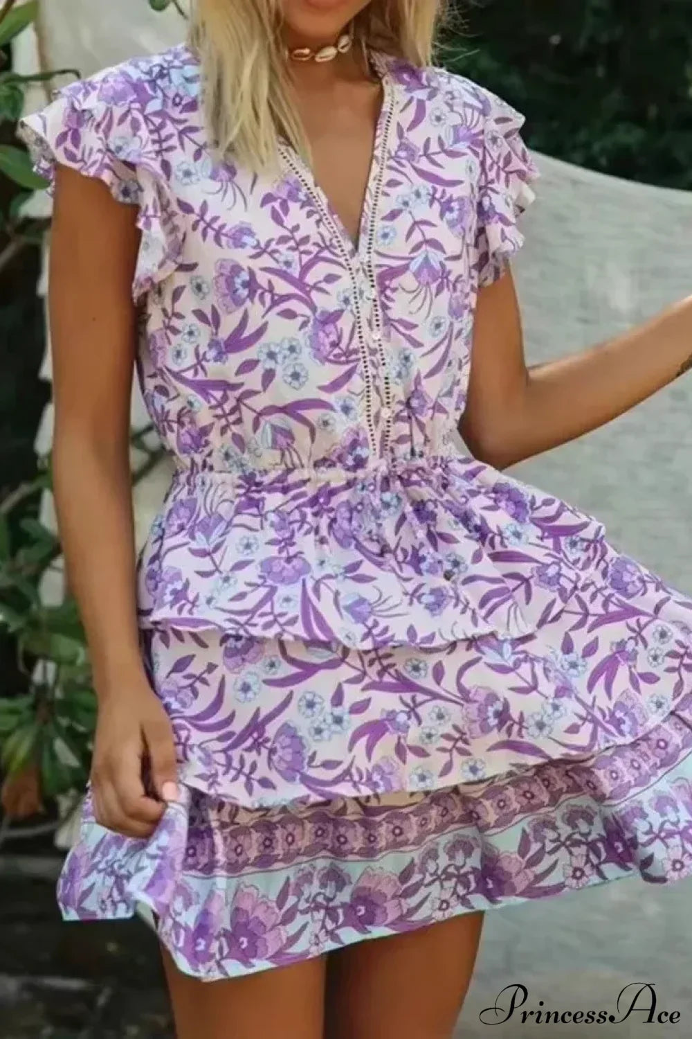 Ruffles Sleeve Floral Beach Boho Mini Dress Purple / S bohodress-250126