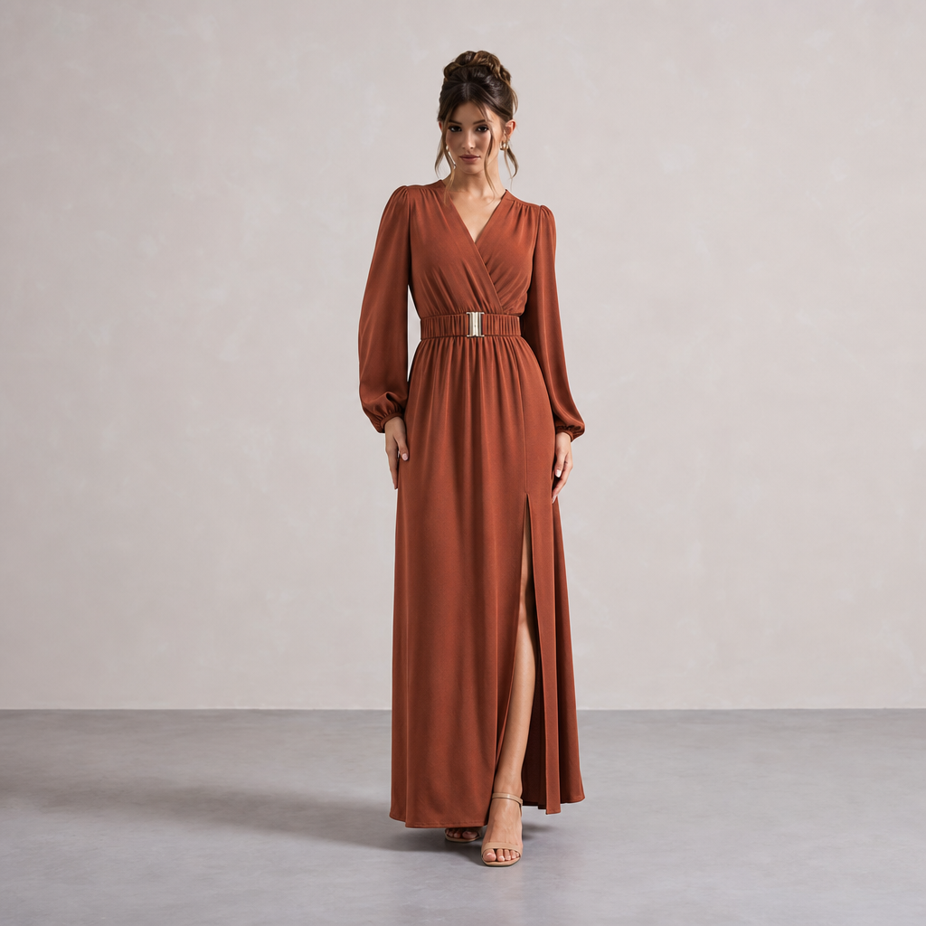 V-Neck Wrap Long Sleeve Belted High Split Maxi Dress