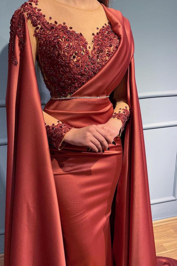 Rust Long Sleeves Mermaid Prom Dress Appliques Beads With Cape - Fashionpara