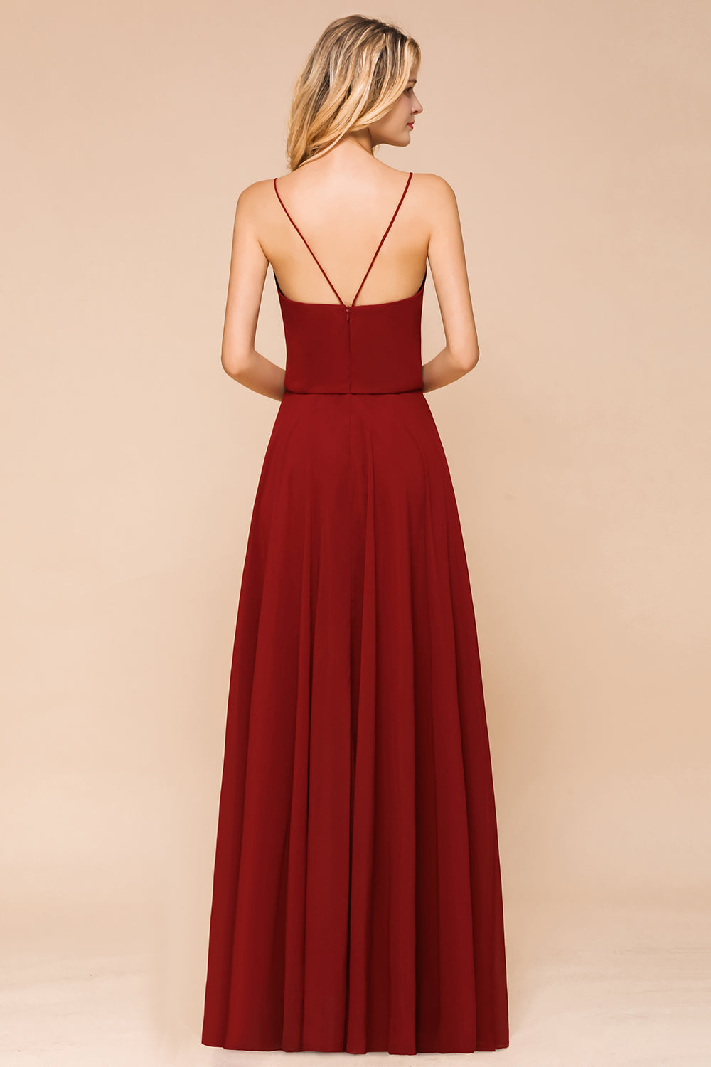 Rust Spaghetti-Starps Long Chiffon Bridesmaid dresses - Fashionpara