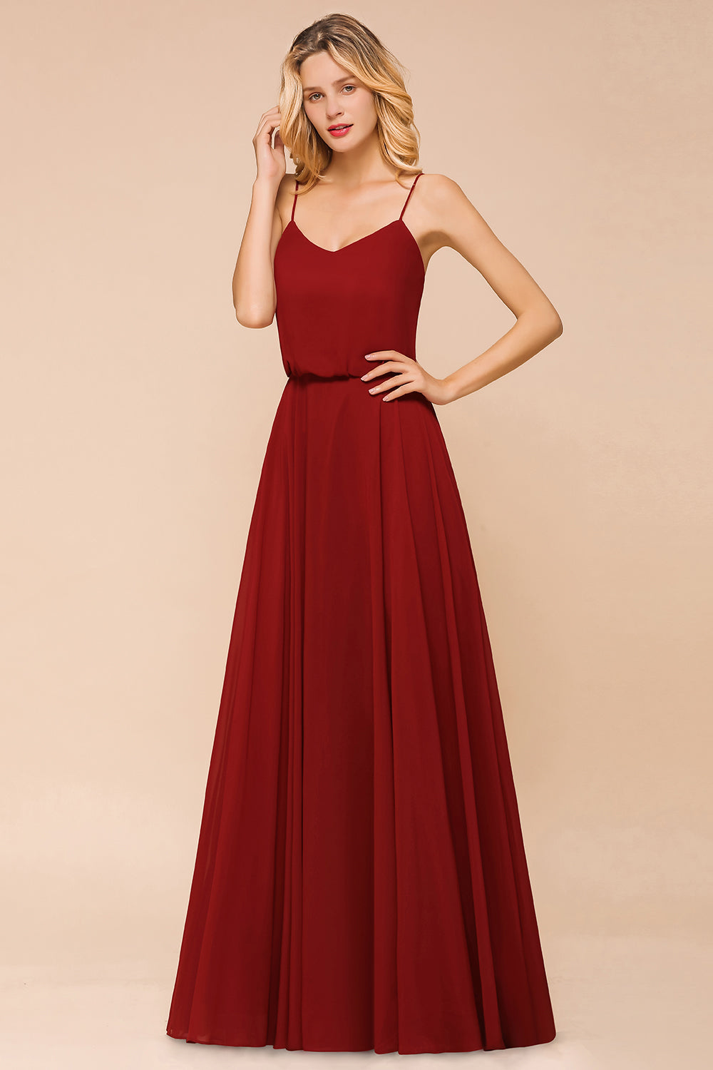 Rust Spaghetti-Starps Long Chiffon Bridesmaid dresses - Fashionpara