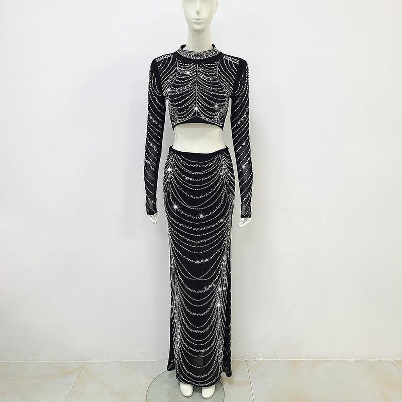 KittenAlarm - Ruth Mesh Crystal Rhinestone Top & Maxi Skirt Set
