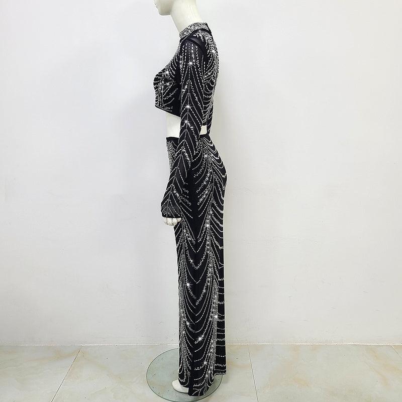 KittenAlarm - Ruth Mesh Crystal Rhinestone Top & Maxi Skirt Set