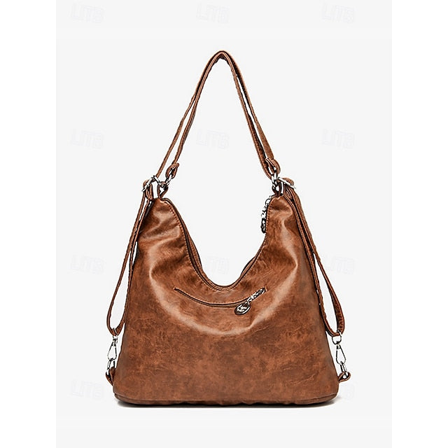 Brown Leather Bag Multiple Faux Pockets with Hobo