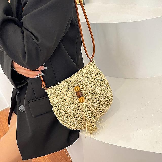 Tassel Bag Woven Boho Handbag Straw Crossbody