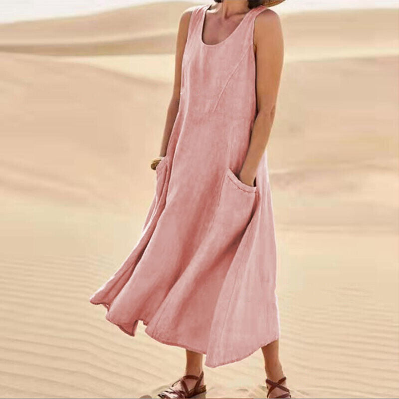 Scoop Neck Wide Strap Patch Pocket Diagonal A-Line Midi Dress - View 8