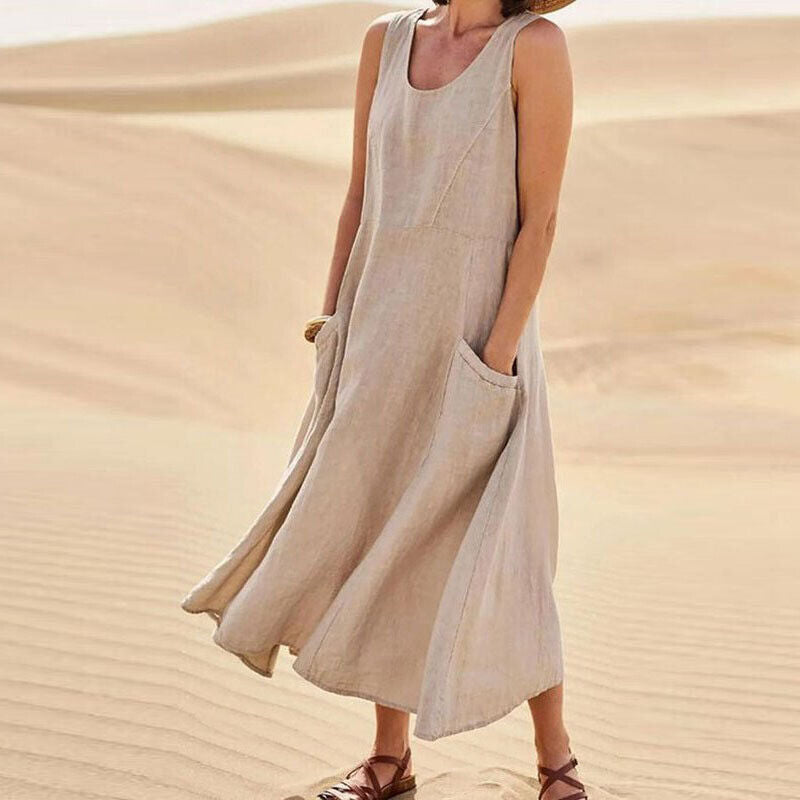 Scoop Neck Wide Strap Patch Pocket Diagonal A-Line Midi Dress